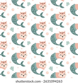 Cute mermaid seamless pattern. Adorable sea pattern for kids. Whimsical ocean hand drawn vector design in flat cartoon style