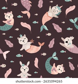 Cute mermaid seamless pattern. Adorable sea pattern for kids. Whimsical ocean hand drawn vector design in flat cartoon style