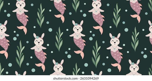 Cute mermaid seamless pattern. Adorable sea pattern for kids. Whimsical ocean hand drawn vector design in flat cartoon style