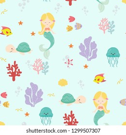 Cute mermaid seamless pattern background vector.