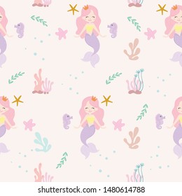 Cute mermaid seamless pattern background vector.