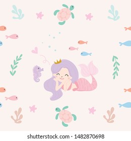 Cute mermaid seamless pattern background vector.