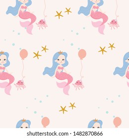 Cute mermaid seamless pattern background vector.