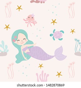 Cute mermaid seamless pattern background vector.