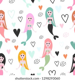 Cute mermaid seamless pattern with childish drawing style colorful background for summer holiday kids, baby, teenager, and children fashion textile print and wrapping. Fantasy style concept.