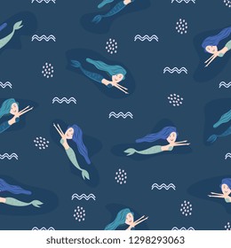 Cute mermaid seamless pattern with childish drawing style colorful background for summer holiday kids, baby, teenager, and children fashion textile print and wrapping. Fantasy style concept.