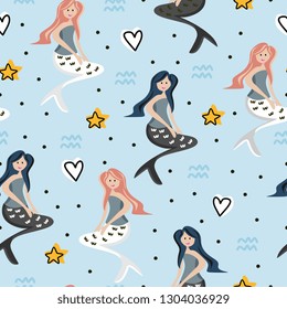 Cute mermaid seamless pattern with fantasy drawing colorful background for kids and children. Good for baby fashion textile print.