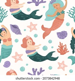 Cute Mermaid seamless pattern illustration pastel hand-drawn for fabric, linen, textiles, and wallpaper  