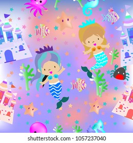 Cute Mermaid Seamless pattern and Starfish on underwater pastel fantasy background.confetti and other elements.cute cartoon style.for paint,fabric clothes,poster,greeting card,party,banner other users