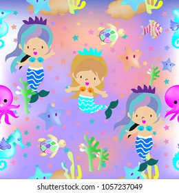 Cute Mermaid Seamless pattern and Starfish on underwater pastel fantasy background.confetti and other elements.cute cartoon style.for paint,fabric clothes,poster,greeting card,party,banner other users