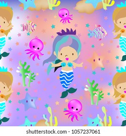 Cute Mermaid Seamless pattern and Starfish on underwater pastel fantasy background.confetti and other elements.cute cartoon style.for paint,fabric clothes,poster,greeting card,party,banner other users