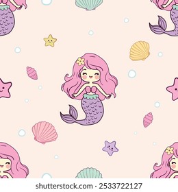 Cute Mermaid Seamless Pattern with Starfish, Shells, and Bubbles in Pastel Kawaii Style