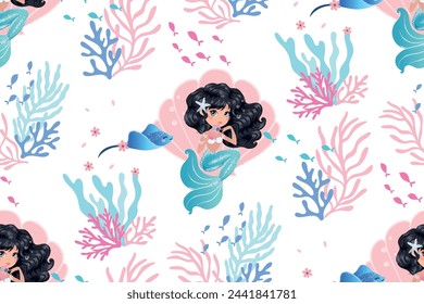 Cute mermaid seamless pattern, vector illustration, children artworks  for wallpapers, fabric prints, t shirt graphics.