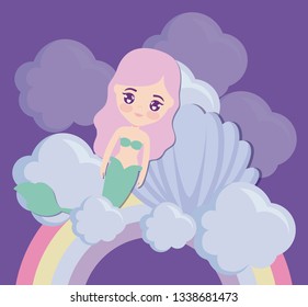 cute mermaid with seashell and rainbow
