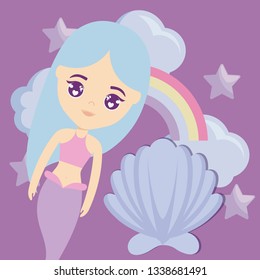 cute mermaid with seashell and rainbow