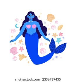 Cute mermaid with seashells and bubbles vector flat illustration. Fantasy sea woman character