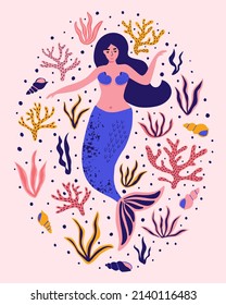 Cute mermaid with seaweed, corals, shells. Fantastic summer background for textiles, t-shirts, greeting cards and more. Hand drawn vector illustration. 