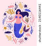 Cute mermaid with seaweed, corals, starfish. Nautical surf summer background for textiles, t-shirts, greeting cards and more. Hand drawn vector illustration. 