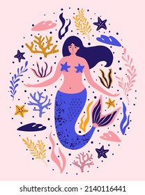 Cute mermaid with seaweed, corals, starfish. Nautical surf summer background for textiles, t-shirts, greeting cards and more. Hand drawn vector illustration. 