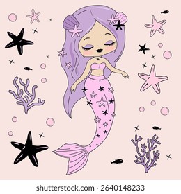 Cute mermaid set with coquette decorative elements. Whimsical coastal aesthetic symbols, coral and starfish. Girl beach party accessories, vintage gift. Girly seashells, romantic stylish design.