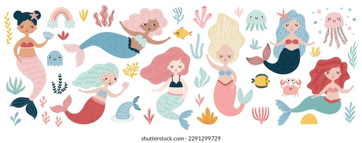 Cute mermaid set with fish, seaweed, marina elements for your design, childish hand drawn sea elements. Vector illustration.