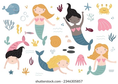 Cute mermaid set with fish, seaweed, marina elements for your design, childish hand drawn sea elements. Vector illustration.