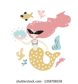 Cute mermaid with shell in hand in cartoon style. Vector illustration. Hand drawn lettering Carnival party. For kids poster, card, nursery, birthday invitation, carnival design