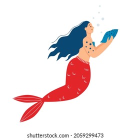 Cute mermaid with a shell in her hands. Flat vector illustration.