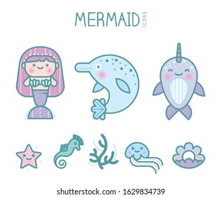 Cute MERMAID siren icon set