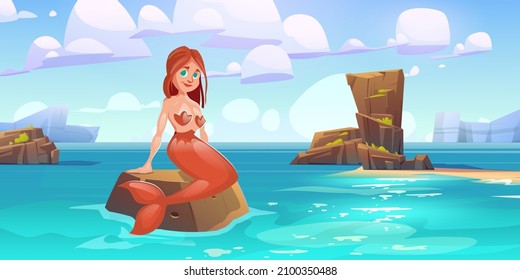 Sirenita linda sentada en la roca en el mar. Personaje de caricatura hermosa chica con pelo rojo y cola de pescado en el paisaje rocoso del océano con agua tranquila bajo un cielo nublado. Cuento de hadas, mitología, ilustración vectorial