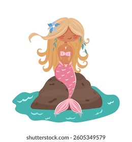 Cute mermaid sitting on a rock, isolated on white background