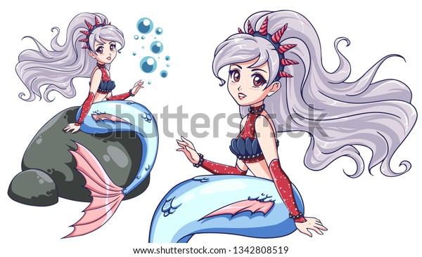 cute mermaid sitting on rock anime stockvektorgrafik