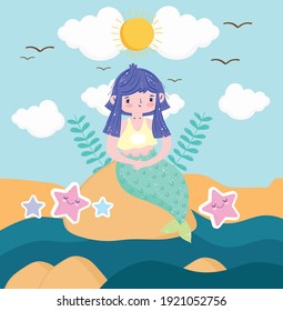 Cute Mermaid sitting on sand beach sky seagulls and stars vector illustration cartoon