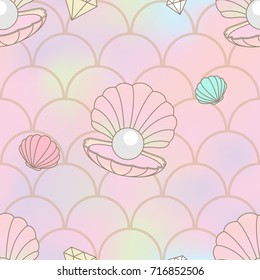 Cute mermaid skin seamless pattern with pearl in pastel theme.