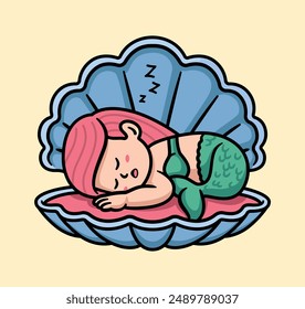cute mermaid sleeping inside a seashell illustration