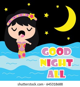 Cute mermaid is sleepy on night background  vector cartoon, Kid nursery wall, wallpaper, and greeting card, T-shirt design for kids