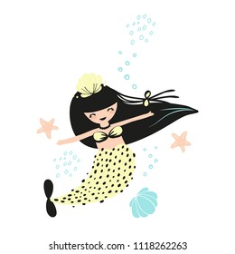 Cute mermaid smiling, can be used as card or print for kids wear