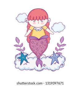 cute mermaid with starfish in clouds