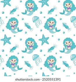 Cute Mermaid with Starfish, Squid, and Jellyfish Seamless Pattern, Vector Illustration for Kids Fashion, Greeting Cards, T-shirt, Textile Prints, and Wallpapers