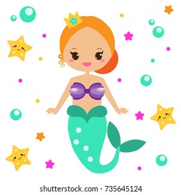 Cute Mermaid with starfishes. Cartoon character, kawaii style. Fairy undine princess. Vector illustration for kids, babies, children fashion prints