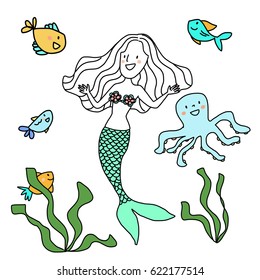 Cute mermaid swimming happily under the sea with fishes and octopus. Vector illustration with hand-drawn style.