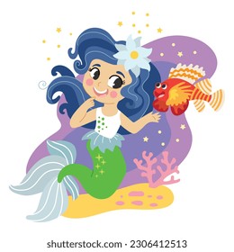 Cute mermaid swimming with her friend red fish. Vector cartoon illustration in flat style isolated on a white background. For print, design, poster, sticker, card, decoration and t shirt design