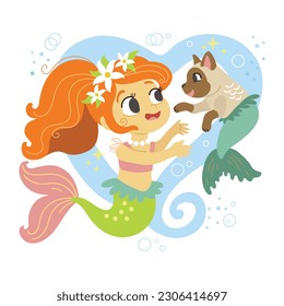 Cute mermaid swimming with her friend cat. Vector cartoon illustration in flat style isolated on a white background. For print, design, poster, sticker, card, decoration and t shirt design