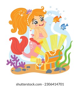 Cute mermaid swimming and treasure chest. Vector cartoon illustration in flat style isolated on a white background. For print, design, poster, sticker, card, decoration and t shirt design