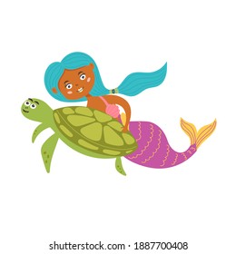 Cute mermaid swims with a turtle. Fairy sea creature girl with a tail. Vector flat character