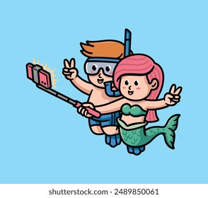 cute mermaid taking selfie with diver illustration