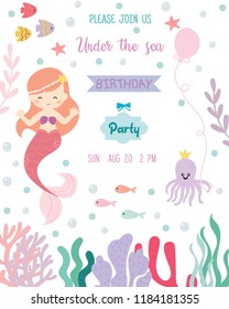 Cute mermaid theme birthday party invitation card vector illustration.