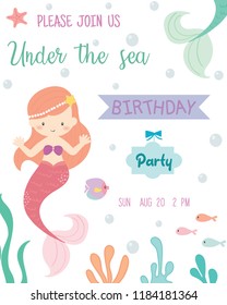 Cute mermaid theme birthday party invitation card vector illustration.