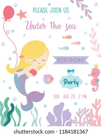 Cute mermaid theme birthday party invitation card vector illustration.