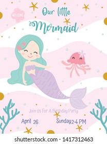 Cute mermaid theme birthday party invitation card vector illustration.